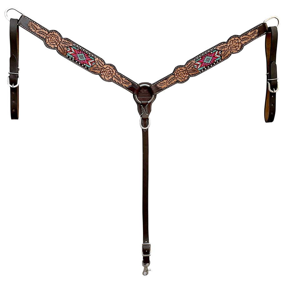 Bar H Equine Western Leather Horse Breast Collar Floral Beeded Inlay Brown - Uhorse