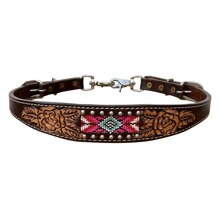 Bar H Equine Western Leather Horse Wither Strap Floral Beeded Inlay Brown - Uhorse