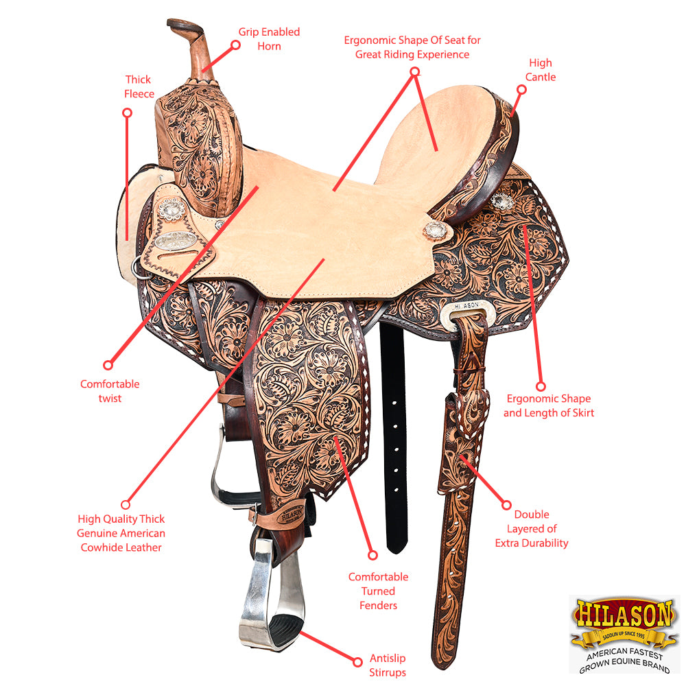 Flex Tree Western Horse Saddle In American Leather Barrel Trail Hilason
