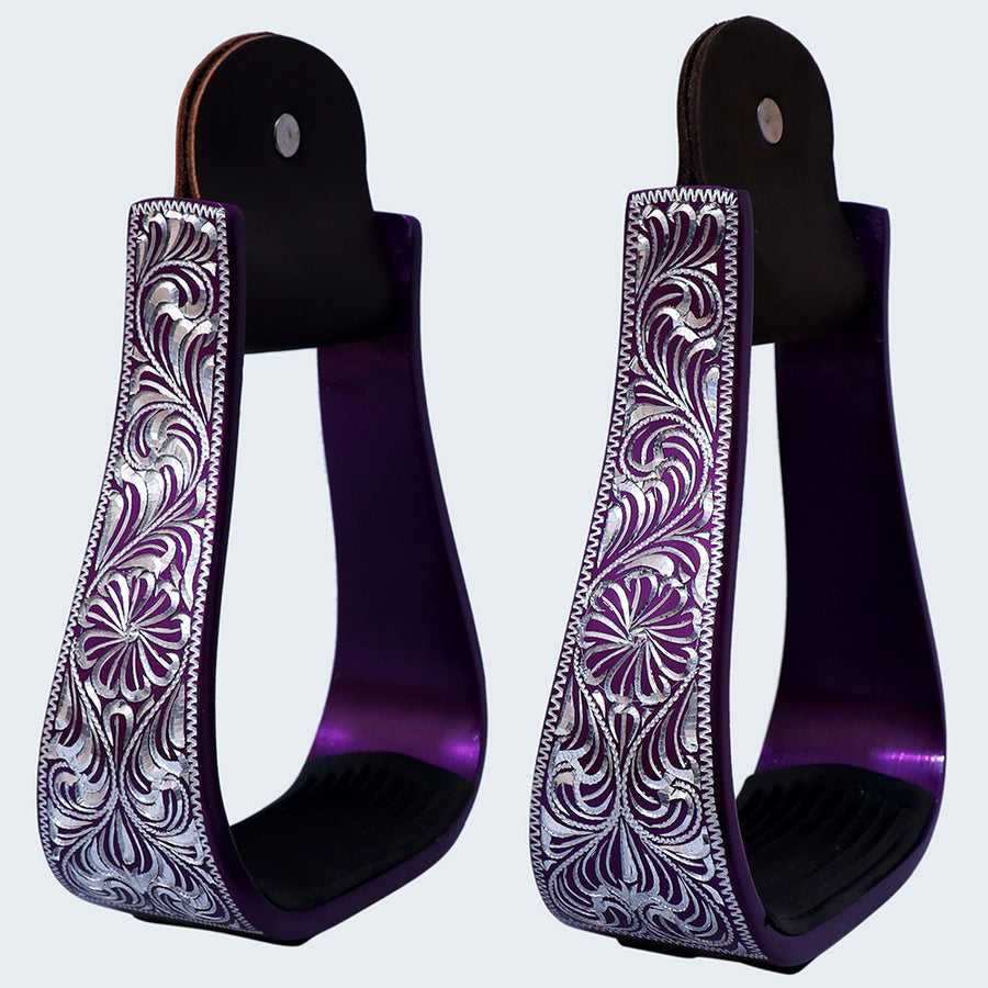 Hilason Western Aluminum Horse Riding Stirrups – Engraved Floral Design with Rubber Tread