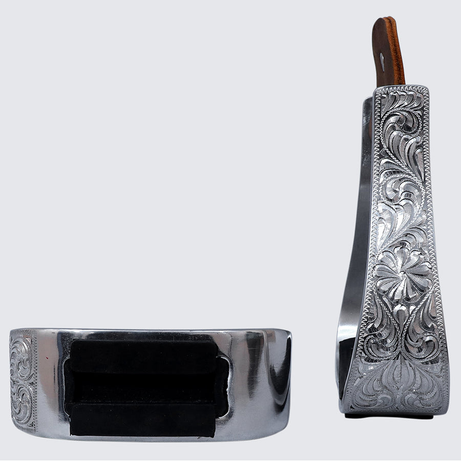 Hilason Western Aluminum Horse Riding Stirrups – Engraved Floral Design with Rubber Tread