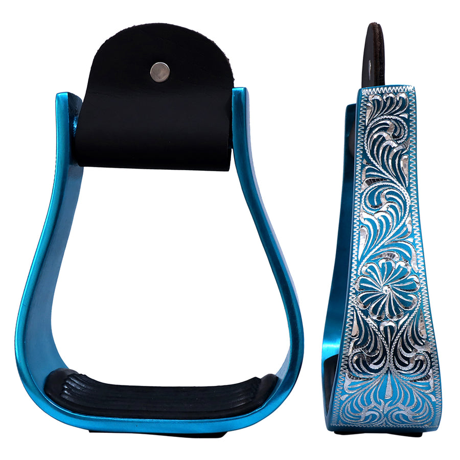 HILASON 3" Neck Western Aluminium Horse Stirrups Floral Engraved Turquoise - Uhorse