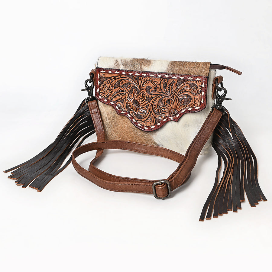 American Darling Hair-on Cowhide Leather Envelope Bag Floral Tooling and Fringes Western Handbag - Uhorse
