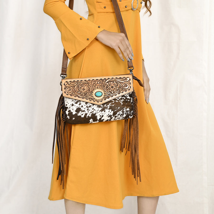 American Darling Western Envelop Bag Handcrafted from Hair-On Cowhide & Hand-Tooled Leather | Long Fringe & Turquoise Concho Accent