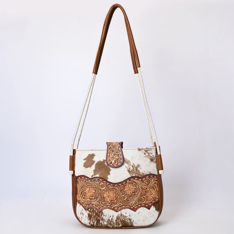 American Darling Cross Body Bag Handcrafted from Hair-On Cowhide & Hand-Tooled Genuine Leather | Floral Carved Accent & Buckstitch Detail