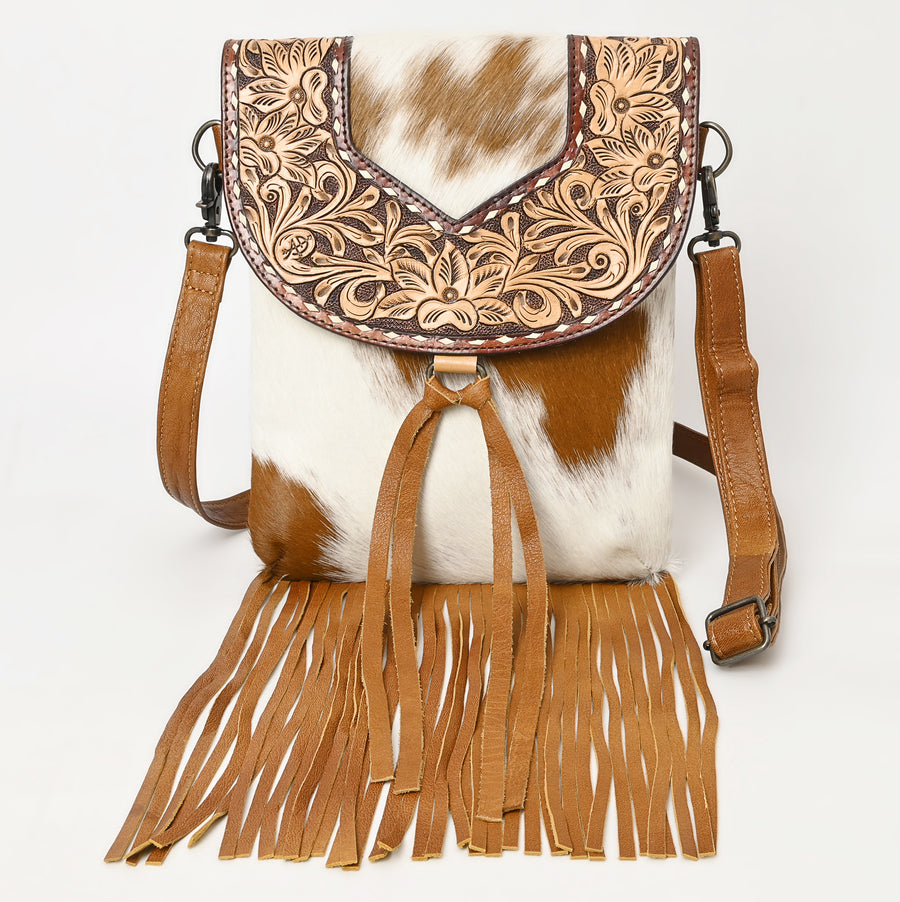 American Darling Cross Body Bag Handcrafted from Hair-On Cowhide & Hand-Tooled Genuine Leather | Floral Carved Flap & Long Tassel