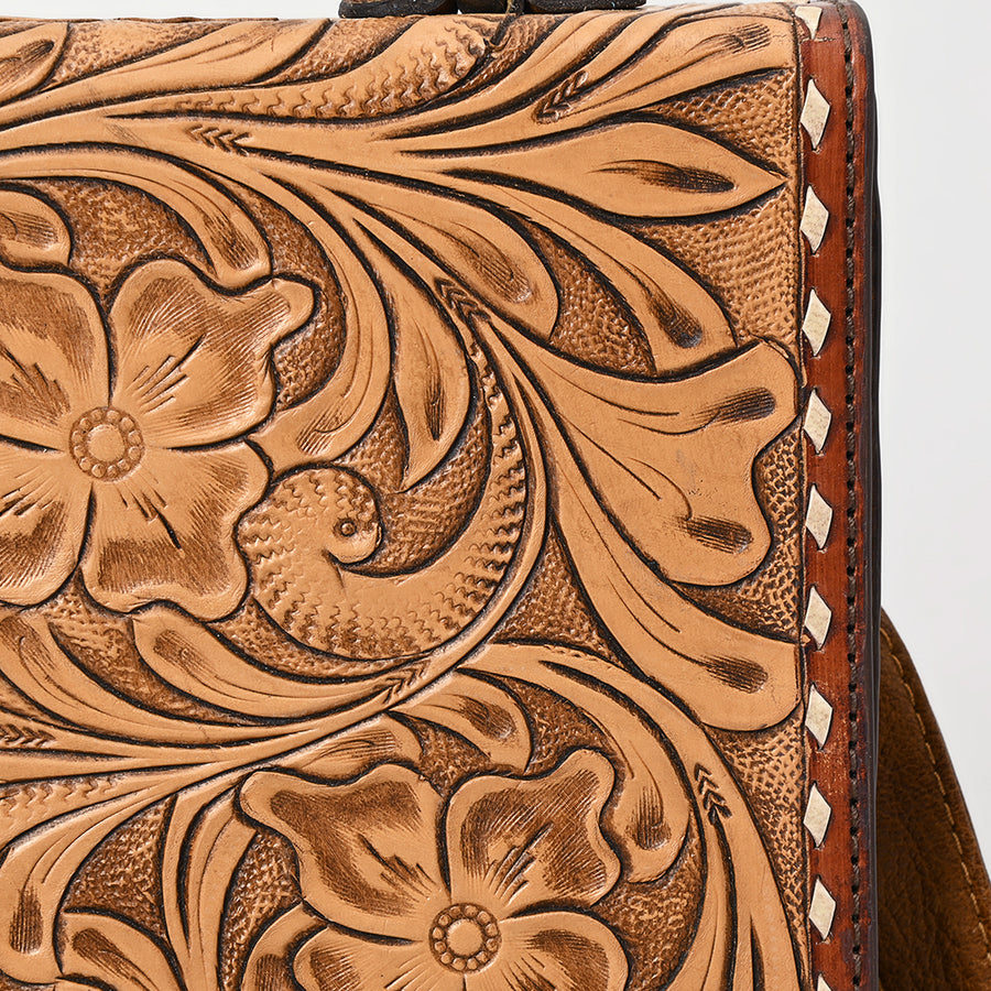 American Darling Hand-Tooled Leather Messenger Bag – Floral Carved Vegetable-Tanned Genuine Leather Western Crossbody Purse