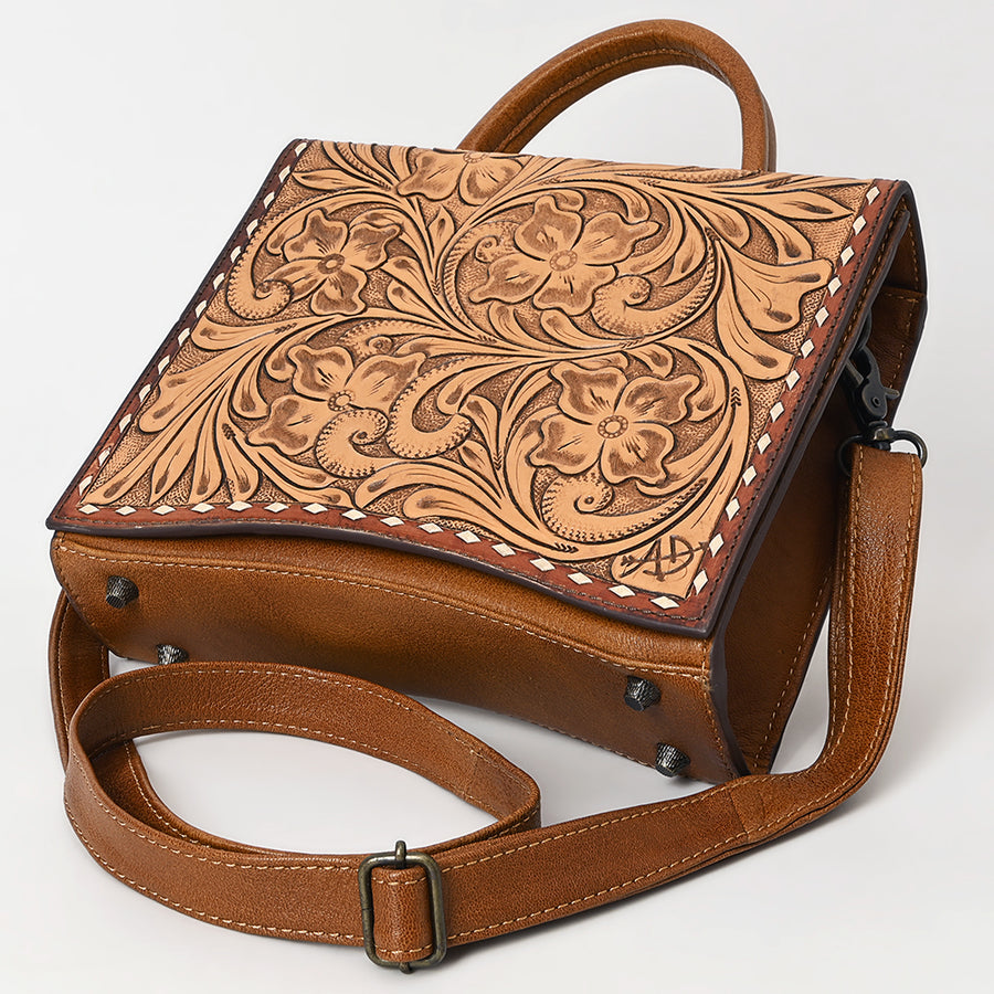 American Darling Hand-Tooled Leather Messenger Bag – Floral Carved Vegetable-Tanned Genuine Leather Western Crossbody Purse