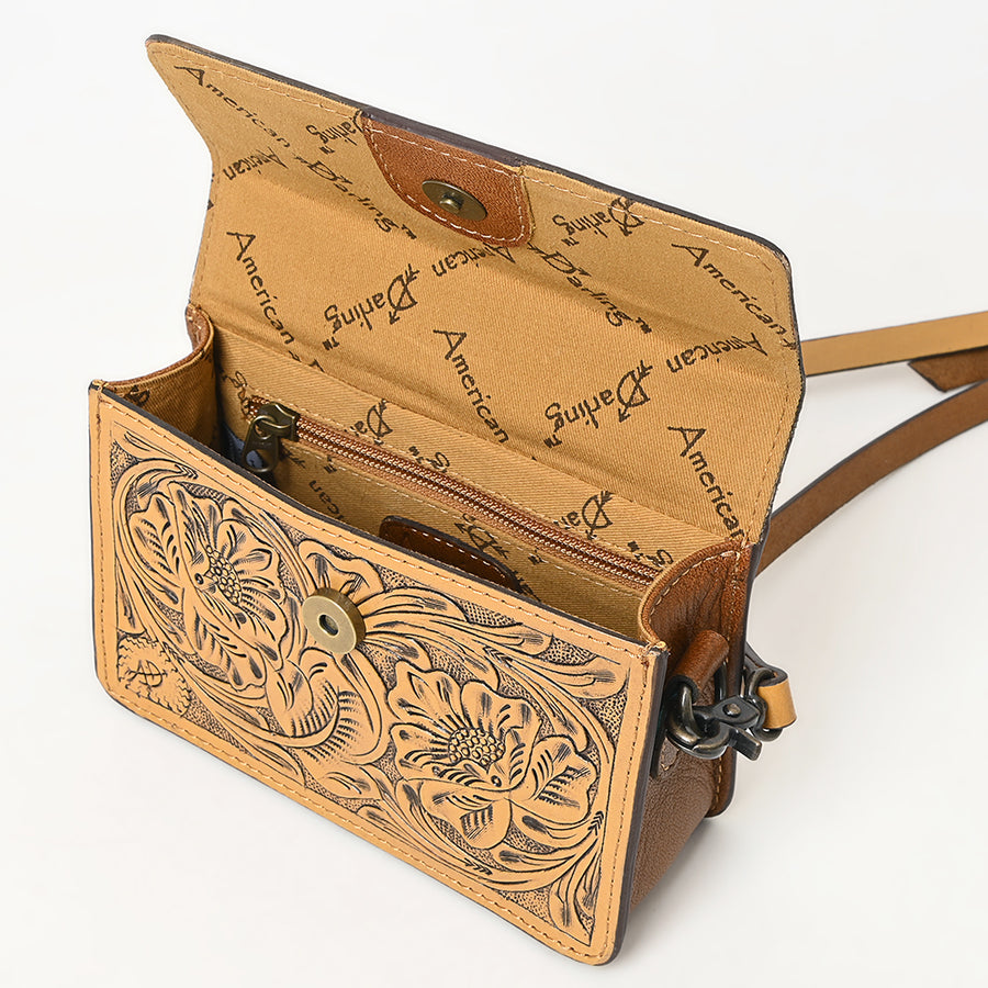 American Darling Hand-Tooled Leather Small Cross Body Bag – Floral Carved Vegetable-Tanned Genuine Leather Western Purse