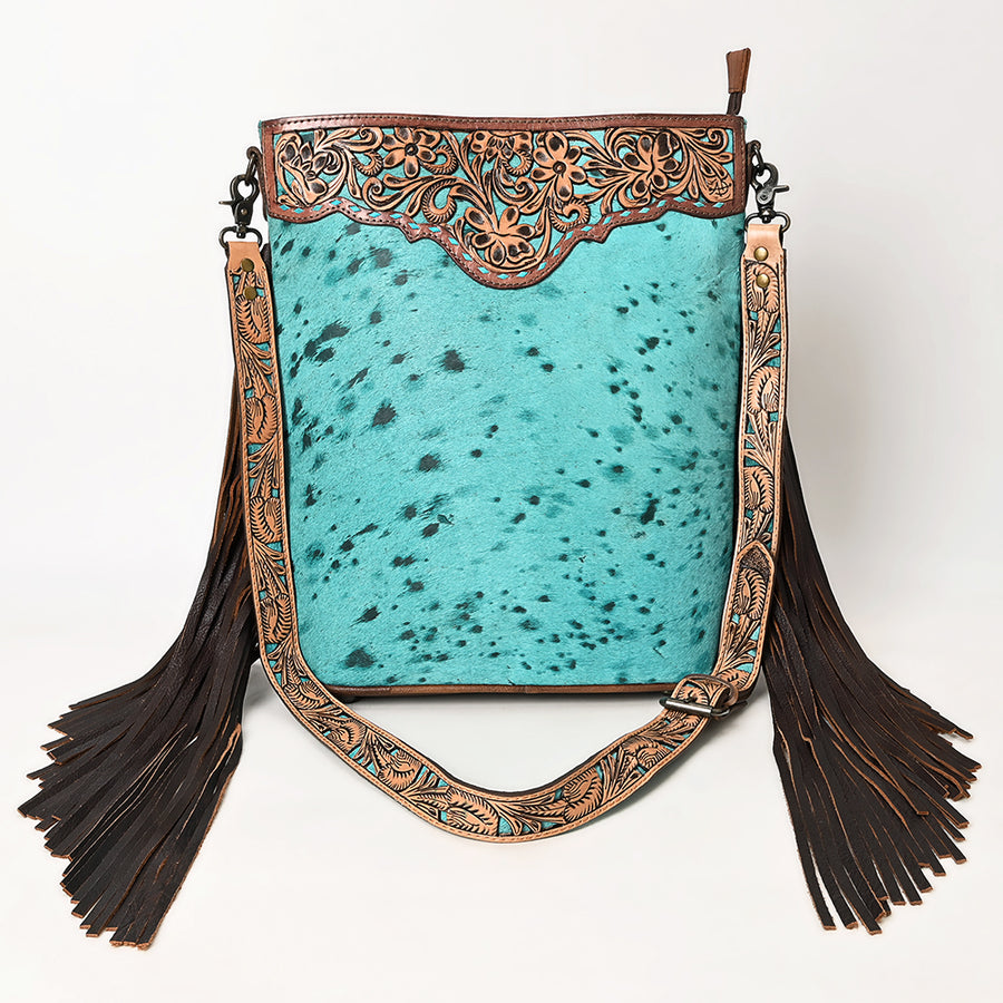American Darling Hand-Tooled Leather Large Crossbody Bag for Women | Hair-On Cowhide Fringe Western Purse | Full-Grain Leather Crossbody