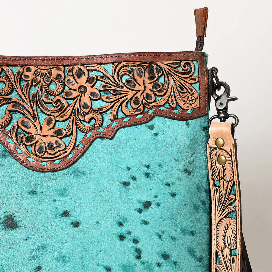 American Darling Hand-Tooled Leather Large Crossbody Bag for Women | Hair-On Cowhide Fringe Western Purse | Full-Grain Leather Crossbody
