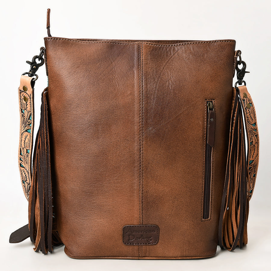 American Darling Hand-Tooled Leather Large Crossbody Bag for Women | Hair-On Cowhide Fringe Western Purse | Full-Grain Leather Crossbody