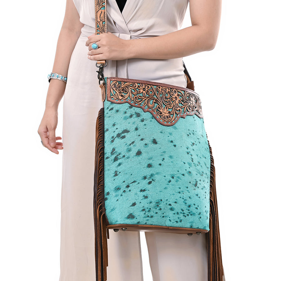 American Darling Hand-Tooled Leather Large Crossbody Bag for Women | Hair-On Cowhide Fringe Western Purse | Full-Grain Leather Crossbody