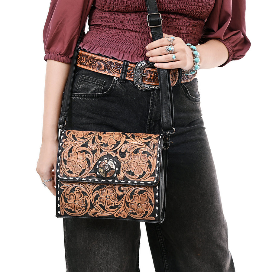 American Darling Hand-Tooled Genuine Leather Small Crossbody Bag | Floral Carved Buckstitched Western Purse | Full-Grain Leather Crossbody