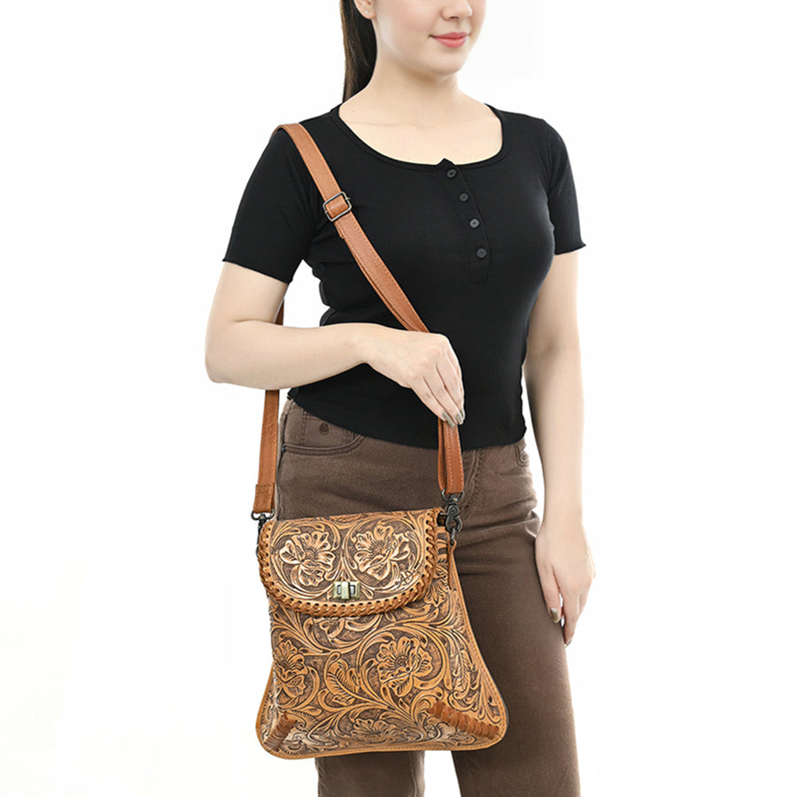 American Darling Hand-Tooled Genuine Leather Crossbody Bag | Floral Carved Full-Grain Western Purse | Everyday Leather Crossbody for Women