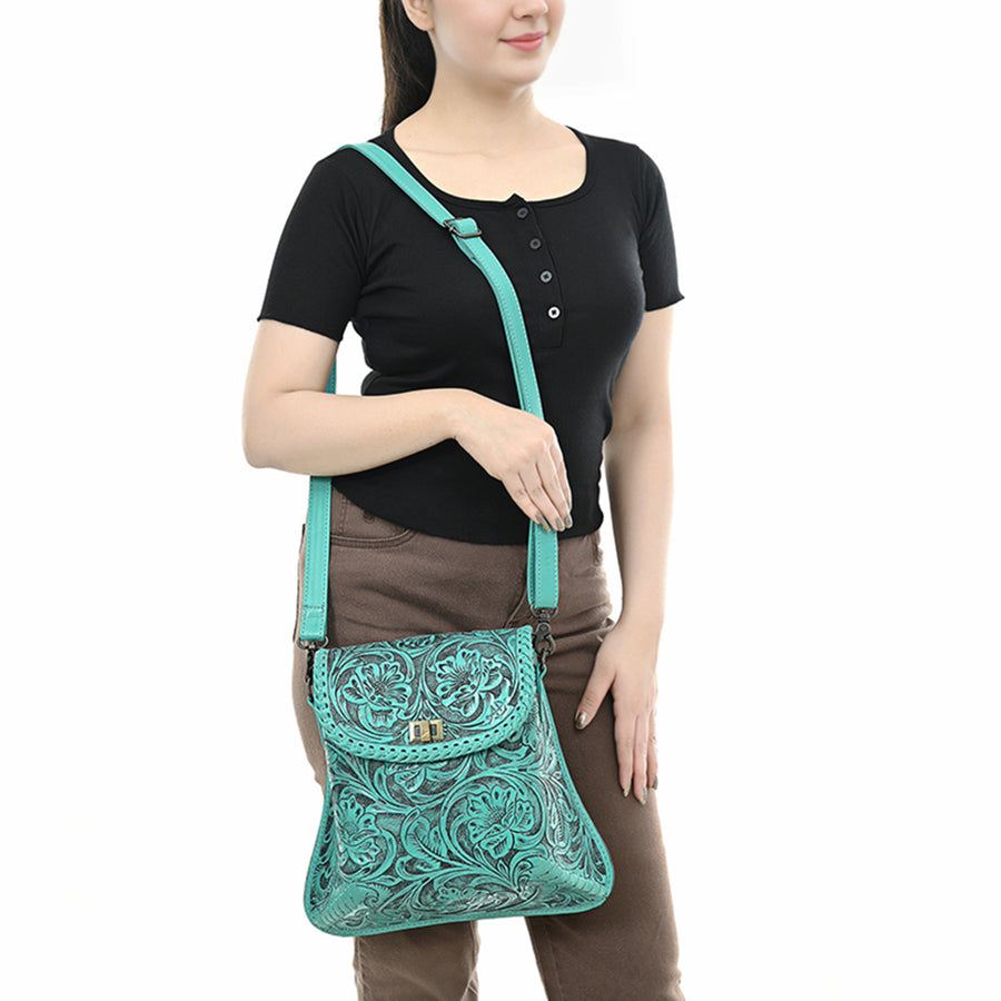 American Darling Hand-Tooled Genuine Leather Crossbody Bag | Floral Carved Full-Grain Western Purse | Everyday Leather Crossbody for Women