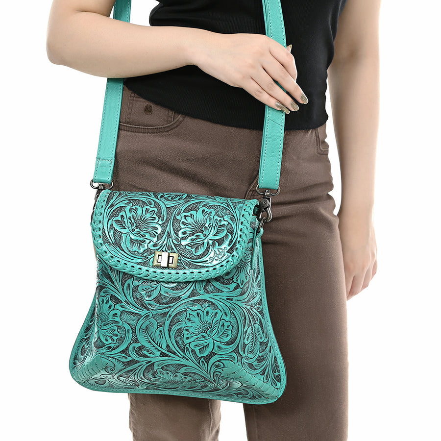 American Darling Hand-Tooled Genuine Leather Crossbody Bag | Floral Carved Full-Grain Western Purse | Everyday Leather Crossbody for Women