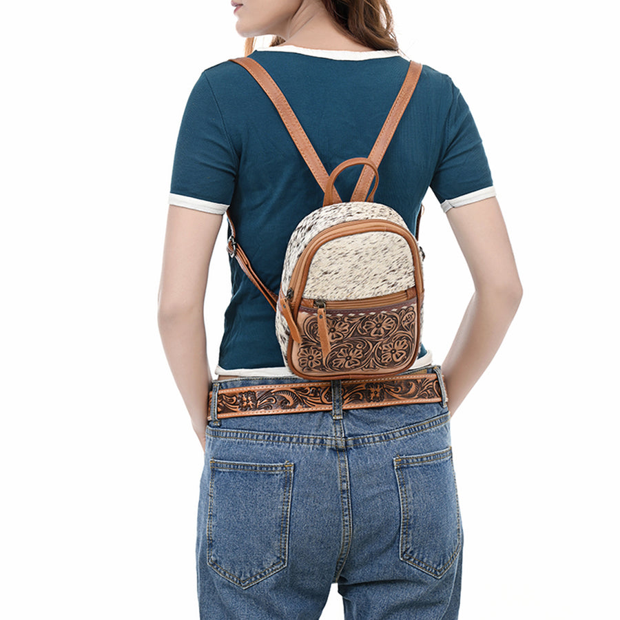 American Darling Western Leather Backpack Bag Hair-On Cowhide Hand-Tooled Floral Genuine Leather Compact Buckstitched Design