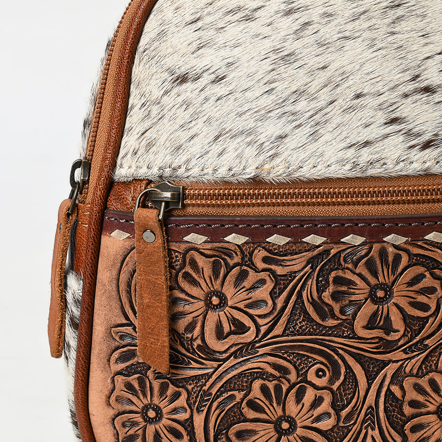 American Darling Western Leather Backpack Bag Hair-On Cowhide Hand-Tooled Floral Genuine Leather Compact Buckstitched Design