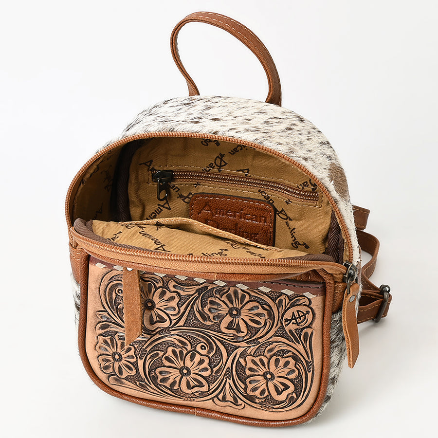 American Darling Western Leather Backpack Bag Hair-On Cowhide Hand-Tooled Floral Genuine Leather Compact Buckstitched Design