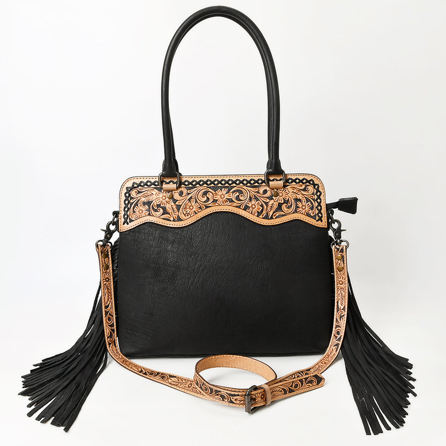 Western Leather Tote Bag with Hand-Tooled Floral Panel Genuine Leather Fringe Tote for Everyday and Travel by American Darling