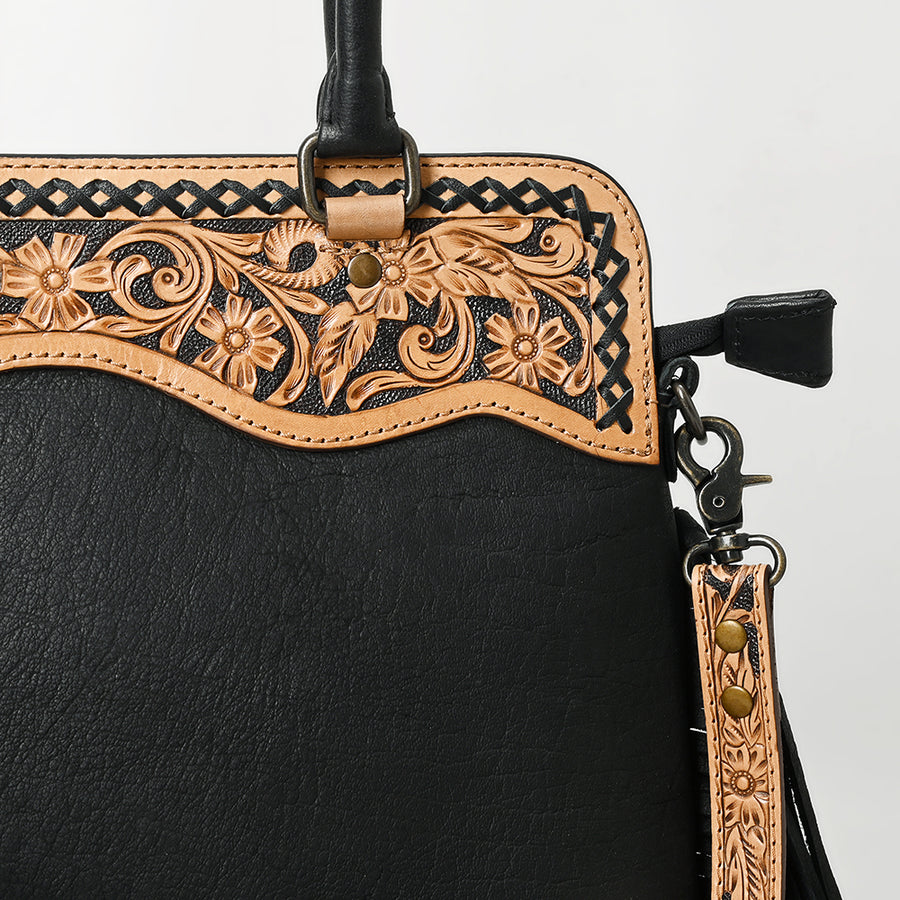Western Leather Tote Bag with Hand-Tooled Floral Panel Genuine Leather Fringe Tote for Everyday and Travel by American Darling