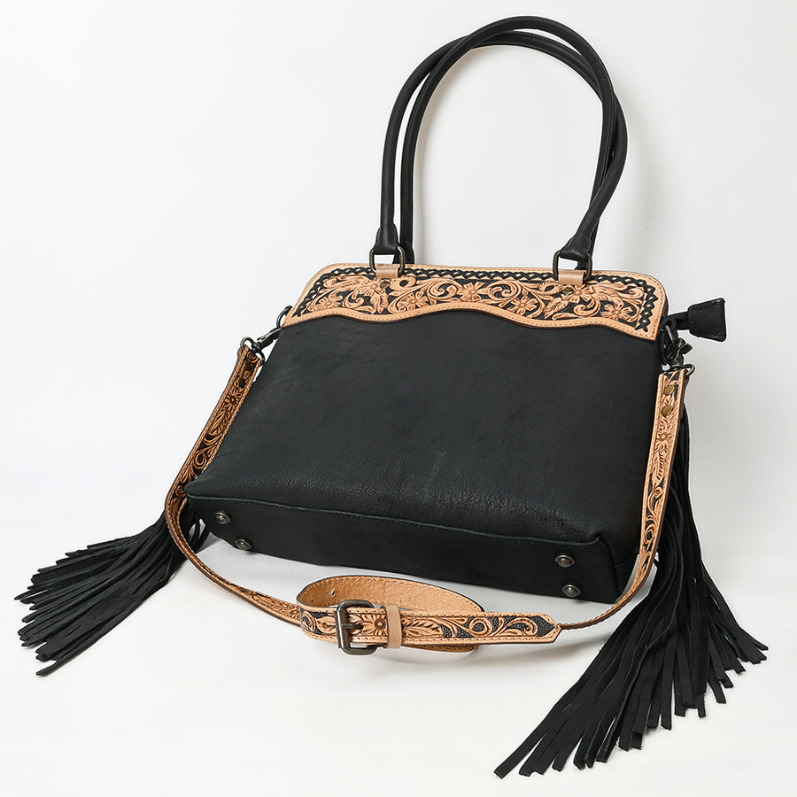 Western Leather Tote Bag with Hand-Tooled Floral Panel Genuine Leather Fringe Tote for Everyday and Travel by American Darling