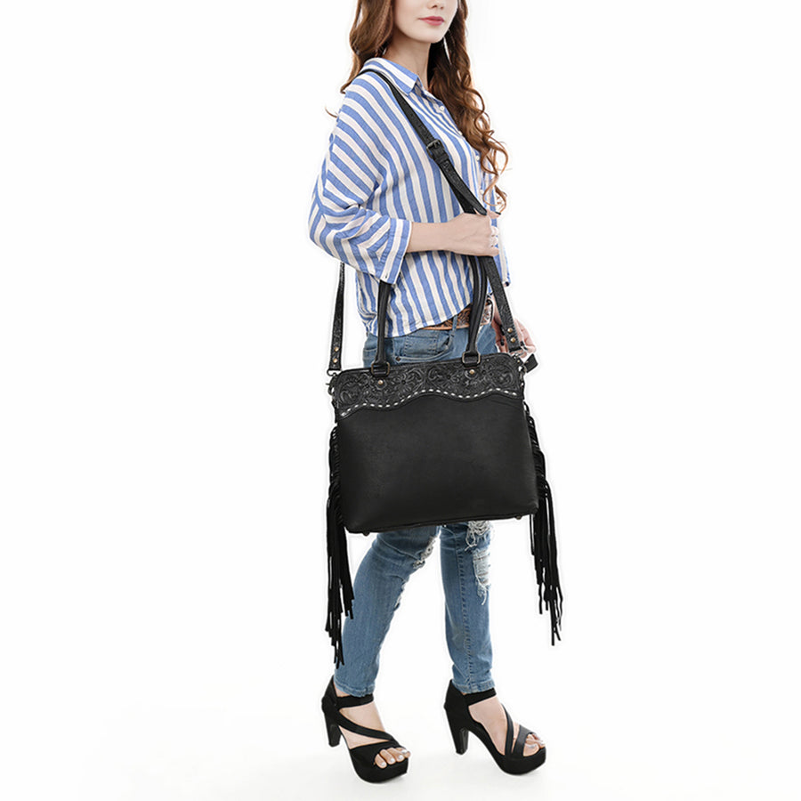 Western Leather Tote Bag with Hand-Tooled Floral Panel Buckstitched Genuine Leather Fringe Tote by American Darling