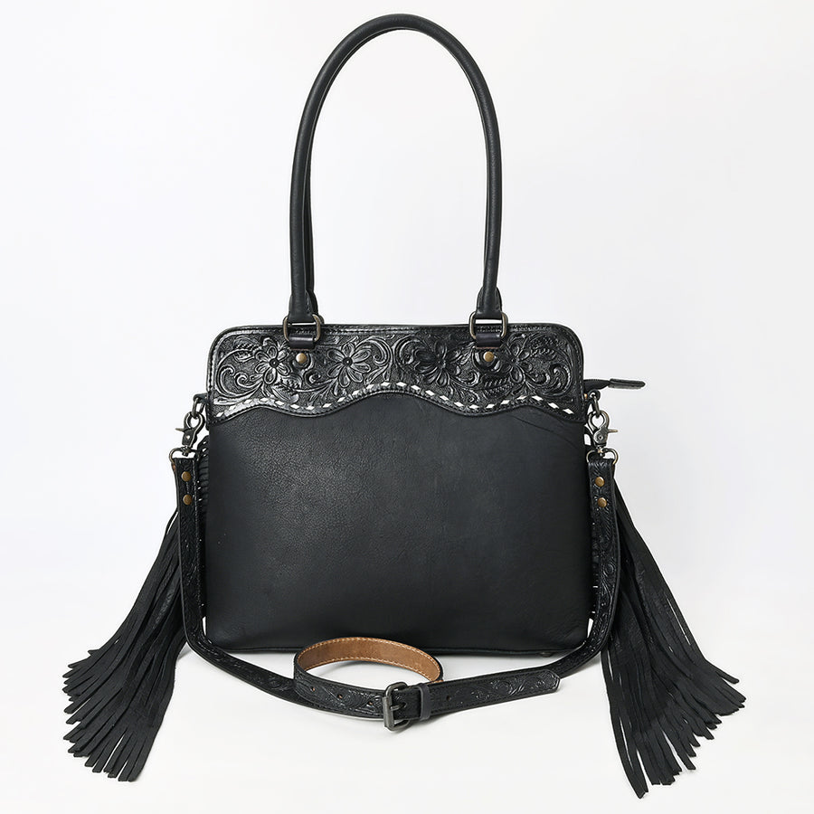 Western Leather Tote Bag with Hand-Tooled Floral Panel Buckstitched Genuine Leather Fringe Tote by American Darling