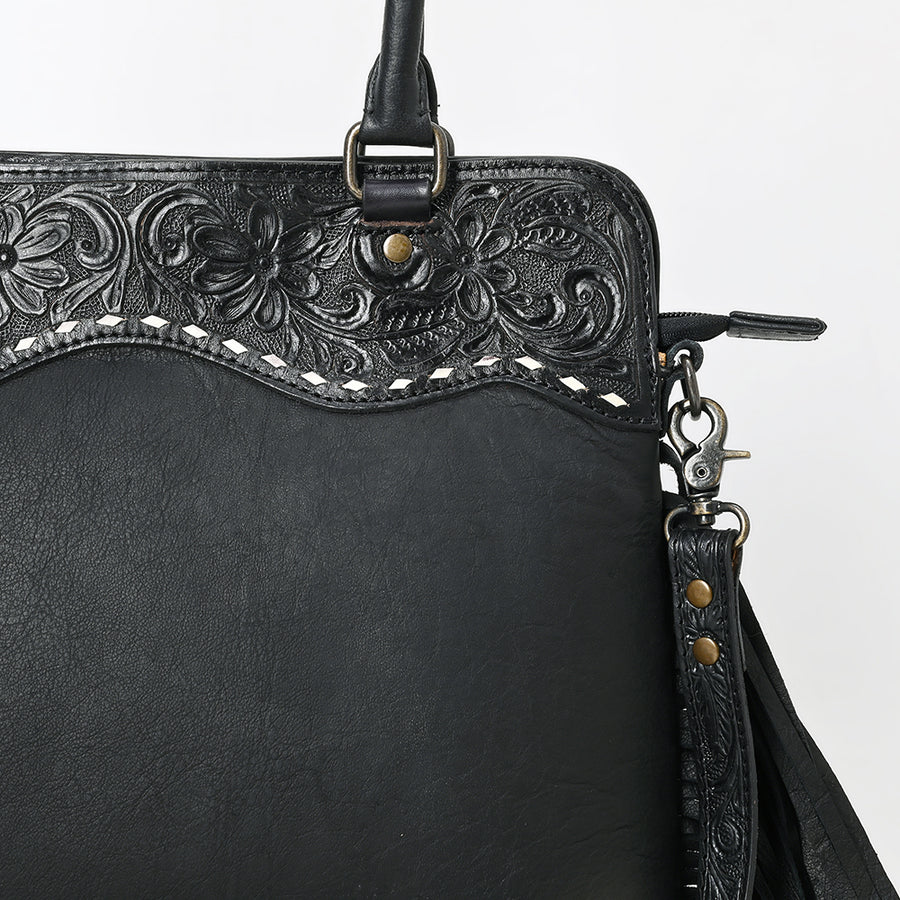Western Leather Tote Bag with Hand-Tooled Floral Panel Buckstitched Genuine Leather Fringe Tote by American Darling