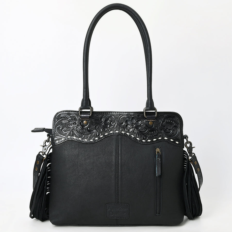 Western Leather Tote Bag with Hand-Tooled Floral Panel Buckstitched Genuine Leather Fringe Tote by American Darling
