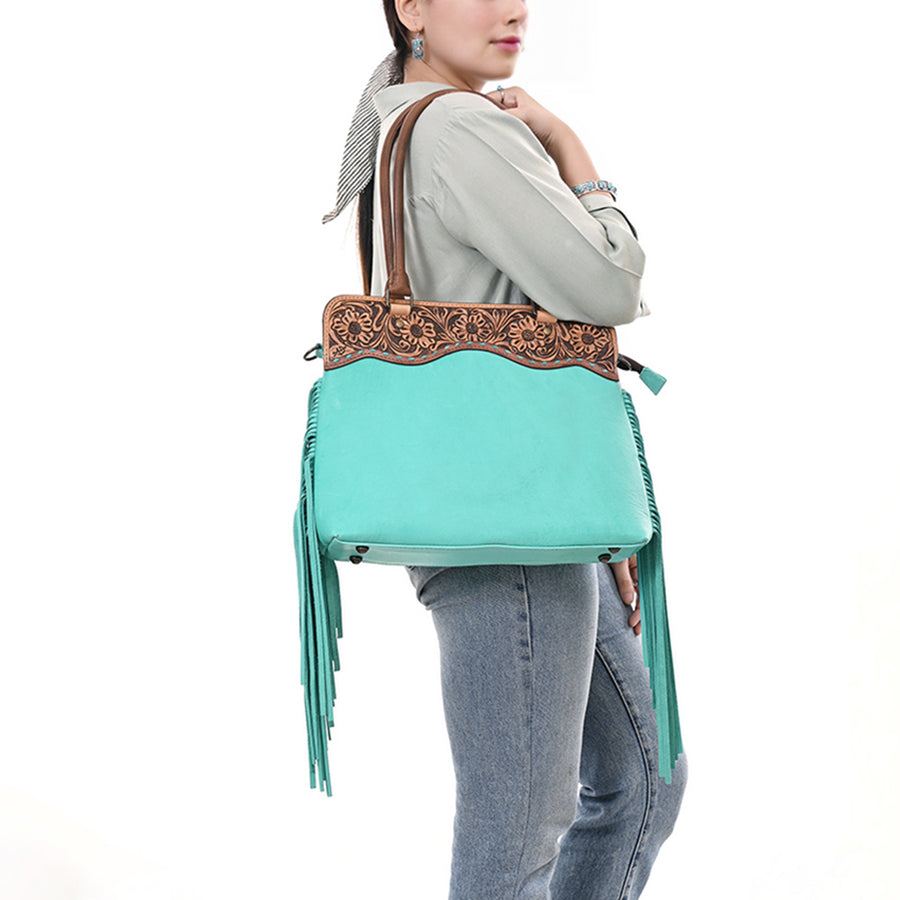 Western Leather Tote Bag with Hand-Tooled Floral Panel Buckstitched Full Grain Leather Fringe Tote by American Darling