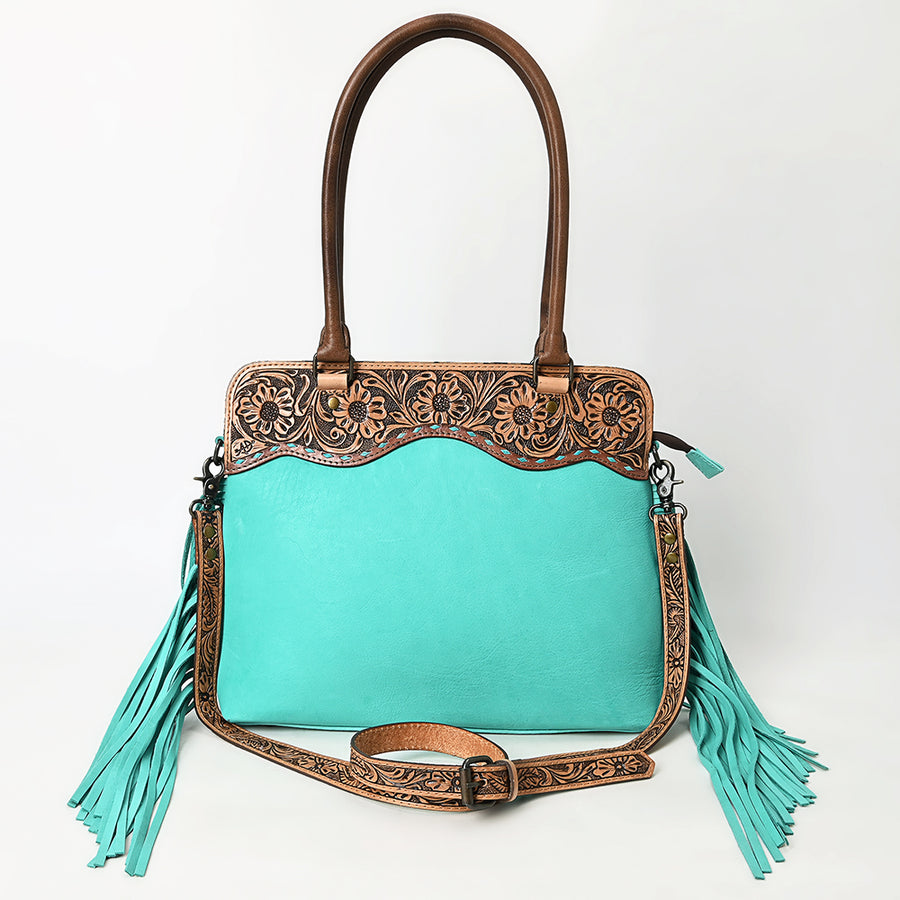 Western Leather Tote Bag with Hand-Tooled Floral Panel Buckstitched Full Grain Leather Fringe Tote by American Darling