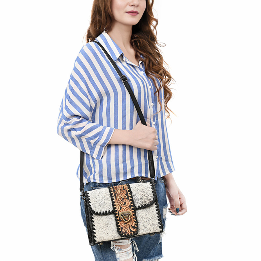Western Leather Small Cross Body Bag with Hair-On Cowhide Hand-Tooled Floral Panel Buckstitched Genuine Leather by American Darling