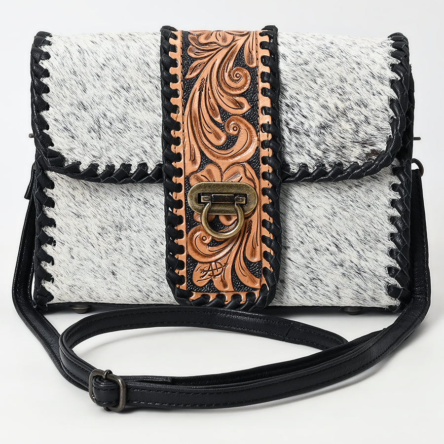 Western Leather Small Cross Body Bag with Hair-On Cowhide Hand-Tooled Floral Panel Buckstitched Genuine Leather by American Darling