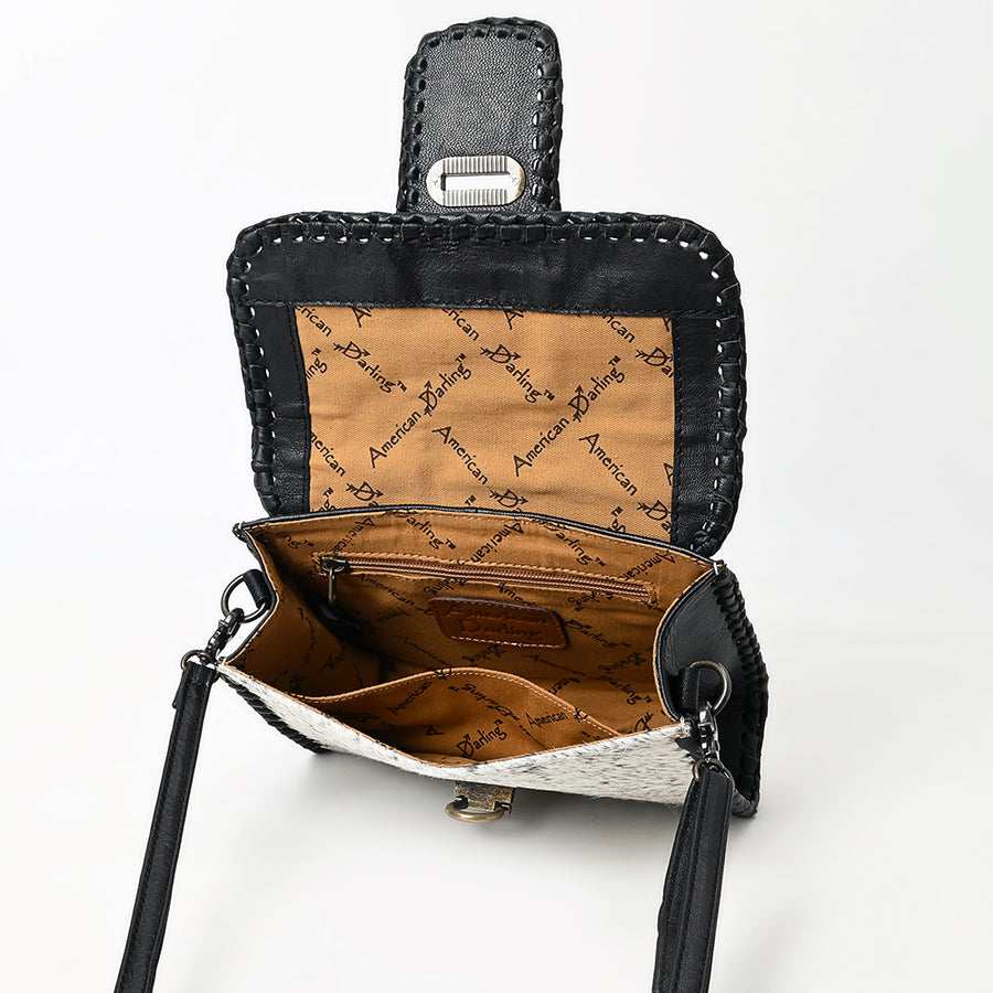 Western Leather Small Cross Body Bag with Hair-On Cowhide Hand-Tooled Floral Panel Buckstitched Genuine Leather by American Darling