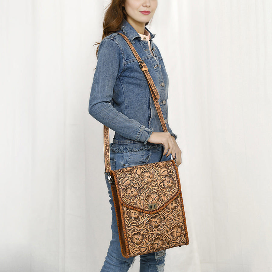 Western Leather Small Cross Body Bag with Hand-Tooled Floral Carved Panel Braided Full Grain Leather by American Darling