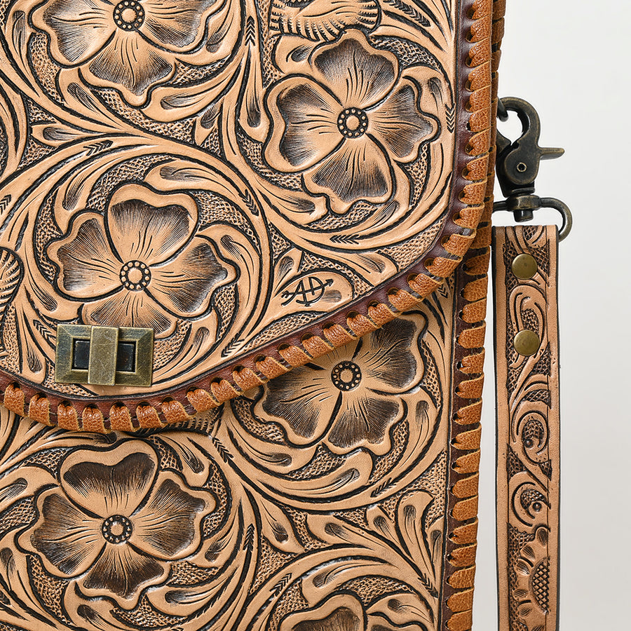 Western Leather Small Cross Body Bag with Hand-Tooled Floral Carved Panel Braided Full Grain Leather by American Darling
