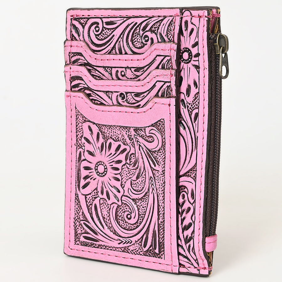 American Darling Pink Western Leather Card Holder Bag with Hand-Tooled Floral Carving - Uhorse