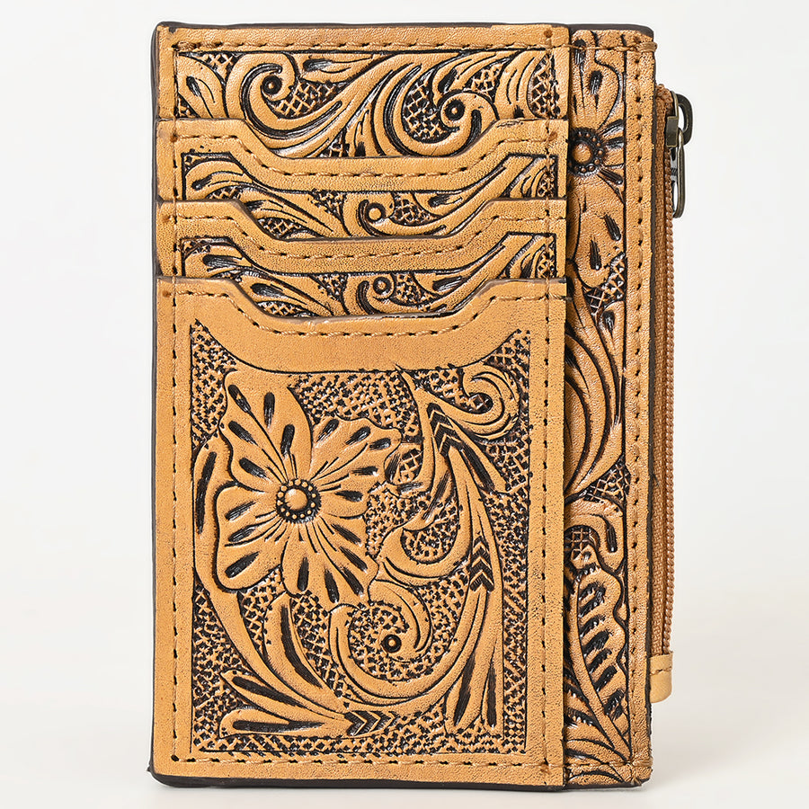 Western Leather Card Holder Bag with Hand-Tooled Floral Carved Full Grain Vegetable-Tanned Leather by American Darling