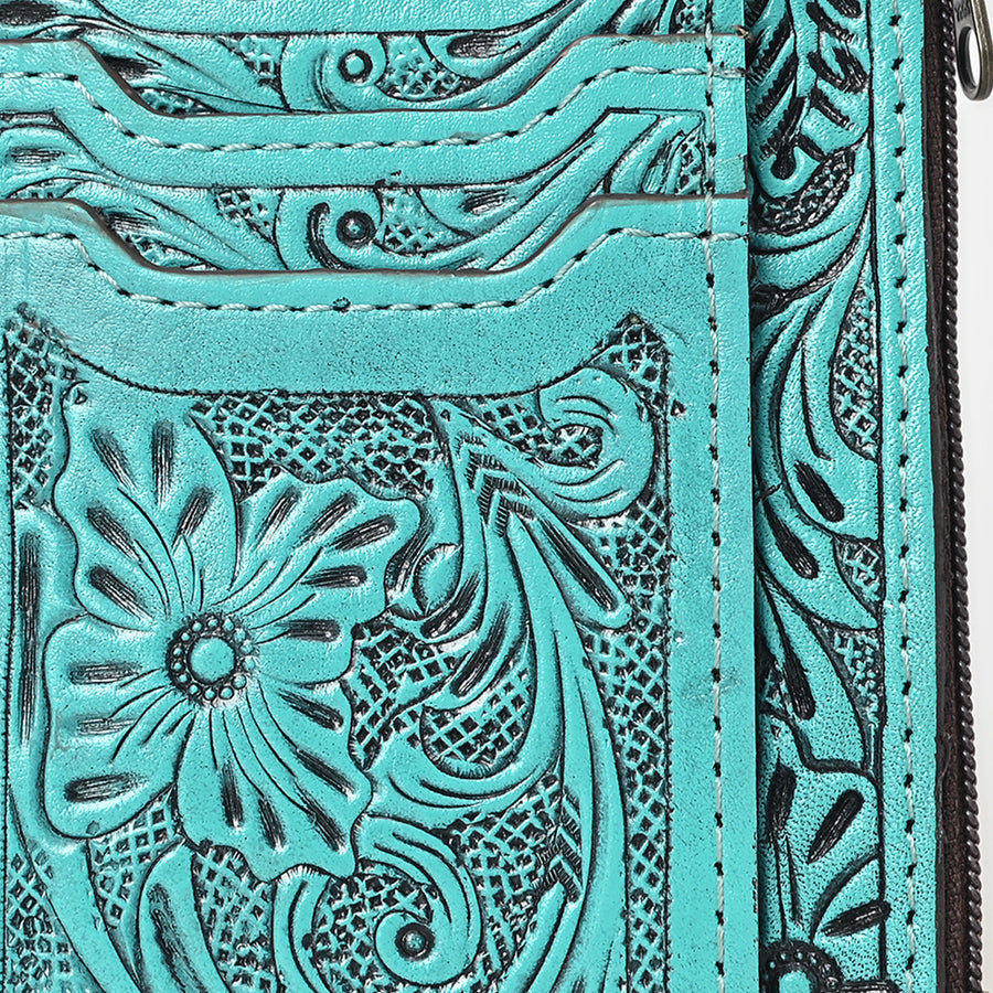 Western Leather Card Holder Bag with Hand-Tooled Floral Carved Full Grain Vegetable-Tanned Leather by American Darling