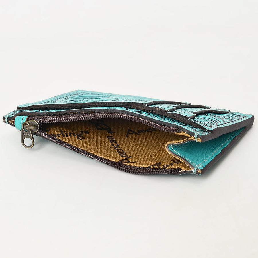 Western Leather Card Holder Bag with Hand-Tooled Floral Carved Full Grain Vegetable-Tanned Leather by American Darling