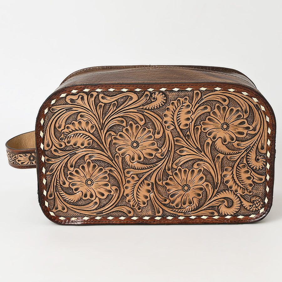 American Darling Hand-Tooled Western Leather Toiletry Bag – Genuine Floral Carved Full-Grain Travel Case with Buck Stitch & Organized Interior