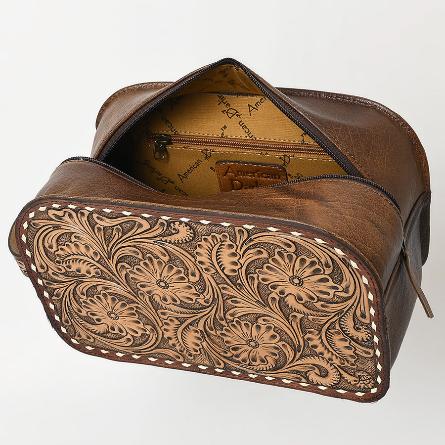 American Darling Hand-Tooled Western Leather Toiletry Bag – Genuine Floral Carved Full-Grain Travel Case with Buck Stitch & Organized Interior
