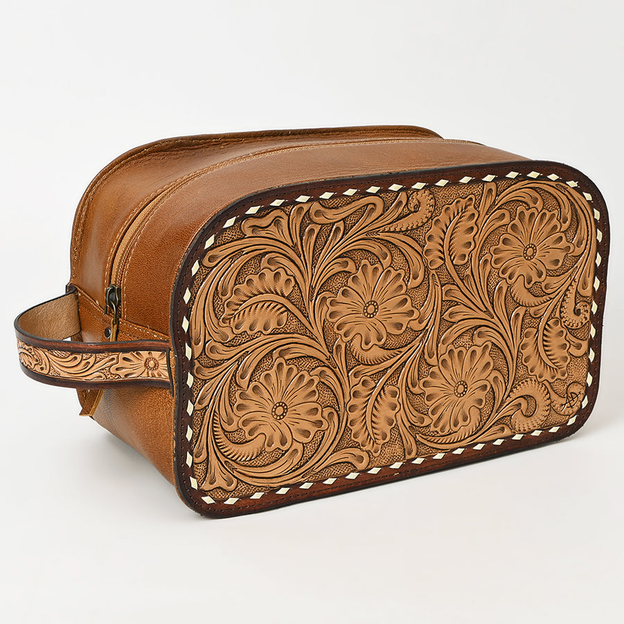 American Darling Hand-Tooled Western Leather Toiletry Bag – Genuine Floral Carved Full-Grain Travel Case with Buck Stitch & Organized Interior