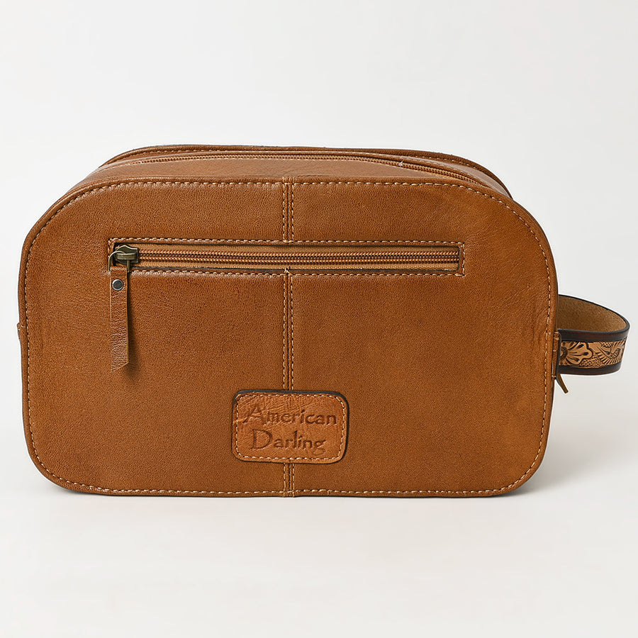 American Darling Hand-Tooled Western Leather Toiletry Bag – Genuine Floral Carved Full-Grain Travel Case with Buck Stitch & Organized Interior