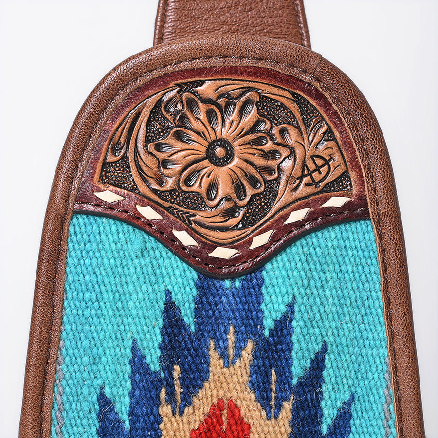 American Darling Western Leather Sling Bag with Hand-Tooled Floral Carving, Woven Saddle Blanket Panel, Adjustable Strap & Secure Storage