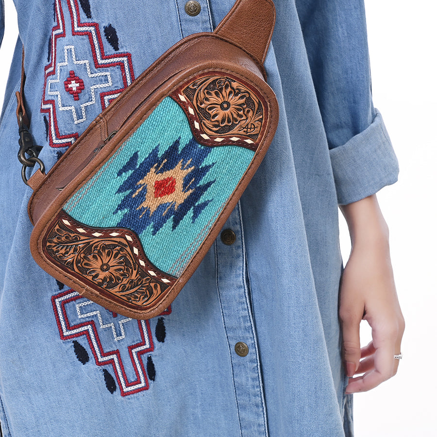 American Darling Western Leather Sling Bag with Hand-Tooled Floral Carving, Woven Saddle Blanket Panel, Adjustable Strap & Secure Storage