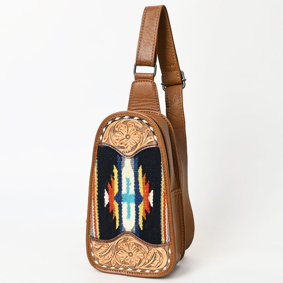 American Darling Western Leather Sling Bag with Hand-Tooled Floral and Saddle Blanket Panel - Uhorse