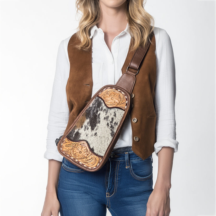 American Darling Western Leather Sling Bag with Hand-Tooled Floral Carving, Woven Saddle Blanket Panel, Adjustable Strap & Secure Storage